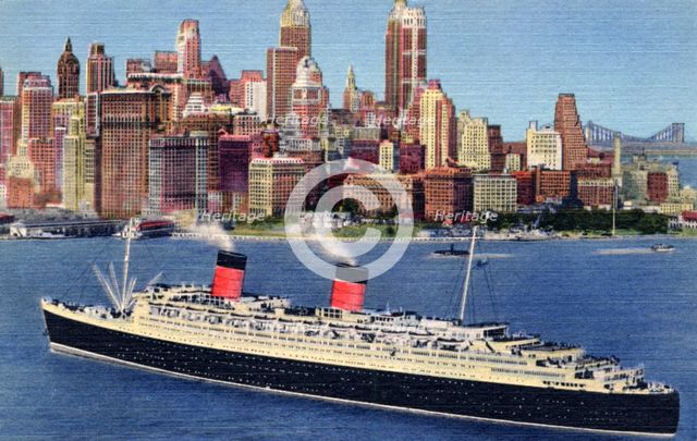The liner 'Queen Elizabeth' arrives in New York harbour, USA, 1951. Artist: Unknown