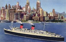 The liner Queen Elizabeth arrives in New York harbour, USA, 1951