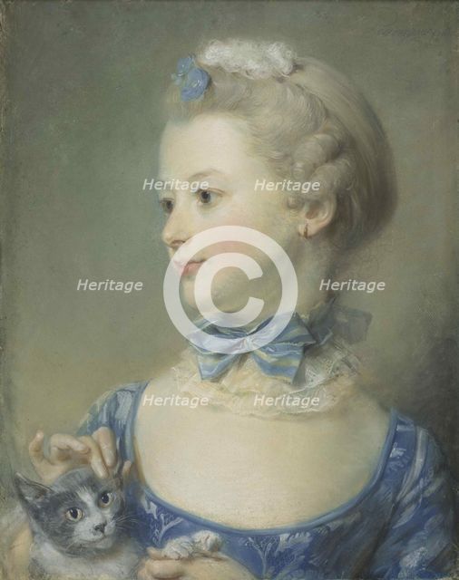 The little girl with the cat (Marie-Anne Huquier), 1747. Creator: Perronneau, Jean-Baptiste (1715-1783).
