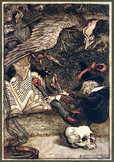 The little man had seated himself in the centre of the circle upon the large skull, pub. 1907. Creator: Arthur Rackham (1867 - 1939)
