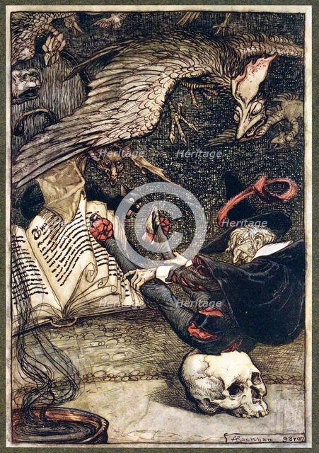 The little man had seated himself in the centre of the circle upon the large skull, pub. 1907. Creator: Arthur Rackham (1867 - 1939).