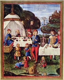 The little Maximilian Sforza makes an afternoon snack in the garden, miniature in the work Gramm…
