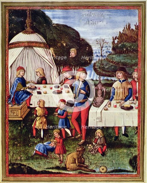 The little Maximilian Sforza makes an afternoon snack in the garden, miniature in the work 'Gramm…