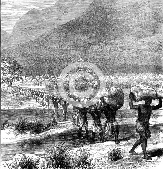 The Livingstone Aid Expedition: crossing a river in East Africa, 1873. Creator: Unknown.