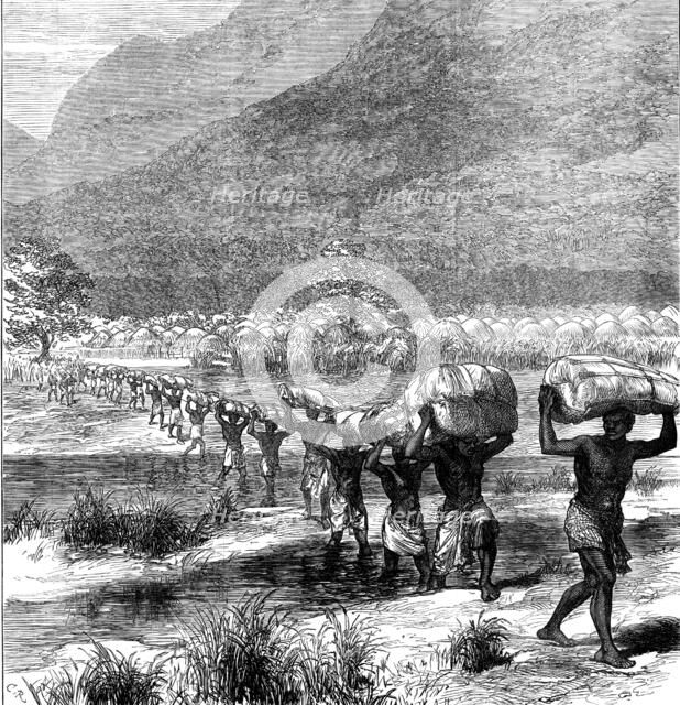 The Livingstone Aid Expedition: crossing a river in East Africa, 1873. Creator: Unknown.