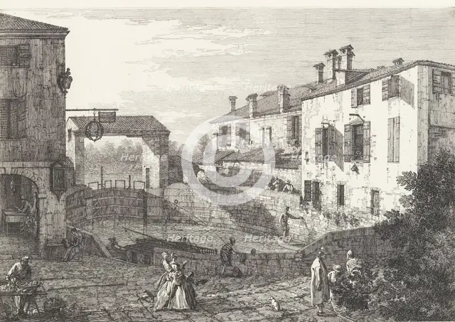 The Locks at Dolo, an oval-shaped basin with boats at center, buildings on either side,..., 1735-46. Creator: Canaletto.