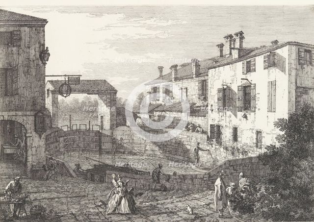 The Locks at Dolo, an oval-shaped basin with boats at center, buildings on either side,..., 1735-46. Creator: Canaletto.