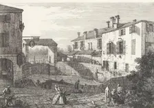 The Locks at Dolo, an oval-shaped basin with boats at center, buildings on either side,..., 1735-46. Creator: Canaletto