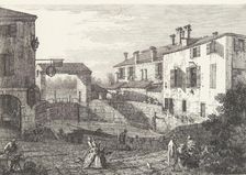 The Locks at Dolo, an oval-shaped basin with boats at center, buildings on either side,..., 1735-46. Creator: Canaletto