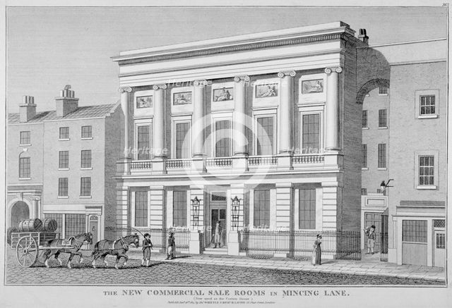 The London Commercial Sale Rooms and Mincing Lane, City of London, 1814. Artist: Anon