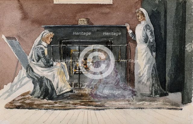 The London Fever Hospital, Liverpool Road, Islington: two nurses and a patient [?] in front..., 1891 Creator: Nurse Flower.