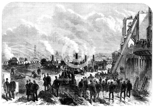 The London Fire Brigade at practice on the Thames Embankment, 1868. Creator: Unknown.