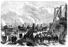 The London Fire Brigade at practice on the Thames Embankment, 1868. Creator: Unknown