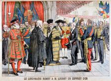 The London's Lord mayor gives has Mr Loubet a gold box, 1903