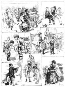 The London Samaritan Society's distribution of boots and clothing to poor children, 1883. Creator: R. Taylor