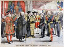The London's Lord mayor gives has Mr Loubet a gold box, 1903