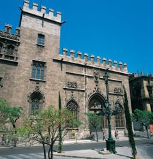 The Lonja of Valencia merchants, seen from outside the building, built by Pere Comte between 1482…