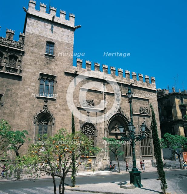 The Lonja of Valencia merchants, seen from outside the building, built by Pere Comte between 1482…