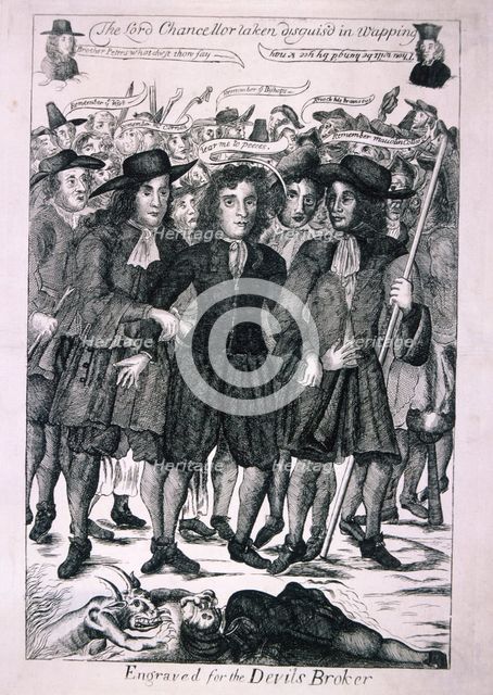 'The Lord Chancellor (Judge Jeffreys) taken disguis'd in Wapping', 1688. Artist: Anon