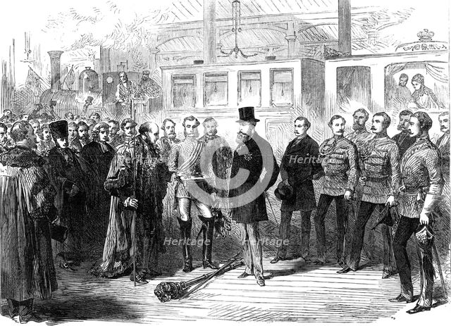 The Lord Mayor of Dublin presenting the City Keys to the new Lord Lieutenant,1869. Creator: Unknown.