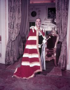 The Lord Mayor of London in his Earl's robes and holding the Crystal Sceptre, c1953. Creator: Arthur Charles Kirby Ware