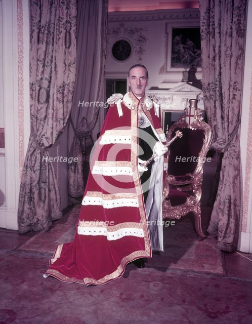 The Lord Mayor of London in his Earl's robes and holding the Crystal Sceptre, c1953.  Creator: Arthur Charles Kirby Ware.