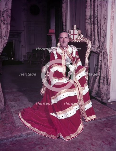 The Lord Mayor of London in his Earl's robes and holding the Crystal Sceptre, c1953.  Creator: Arthur Charles Kirby Ware.