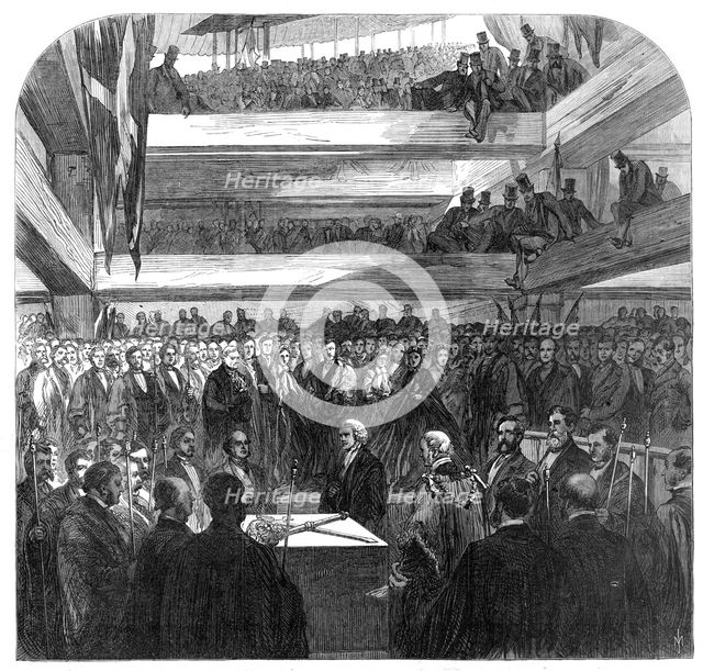 The Lord Mayor of London laying the Foundation-Stone of the new bridge at Blackfriars, 1865. Creator: Unknown.
