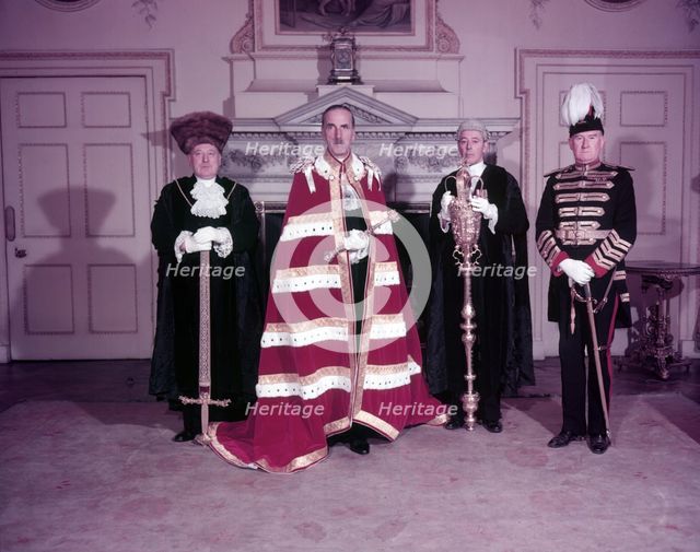 The Lord Mayor of London with Swordbearer, Macebearer and City Marshal, c1953.  Creator: Arthur Charles Kirby Ware.