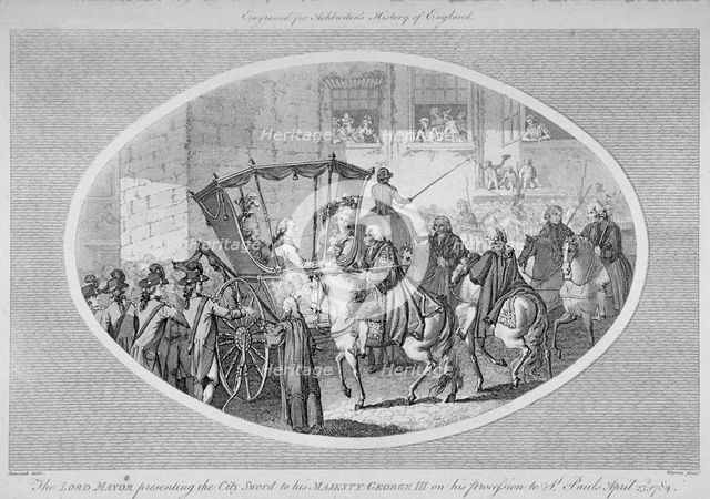 The Lord Mayor presenting the City Sword to King George III at Temple Bar, London, 1789 (1791). Artist: AW Warren
