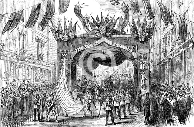 The Lord Mayor's Procession: Arch in Broad-Street - the American flag, 1881. Creator: Unknown.