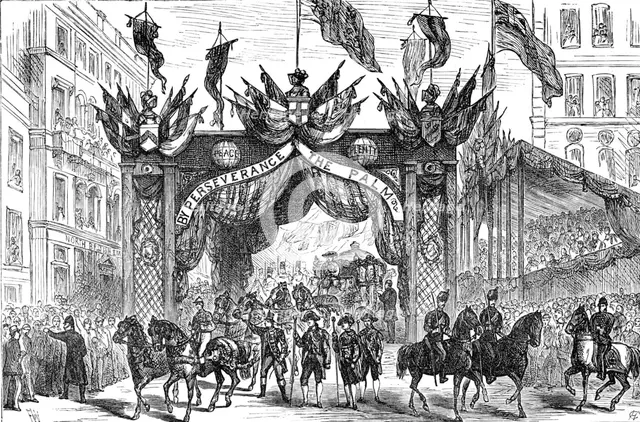 The Lord Mayor's Procession: presenting an address to the Lord Mayor at the Arch..., 1881. Creator: Unknown.