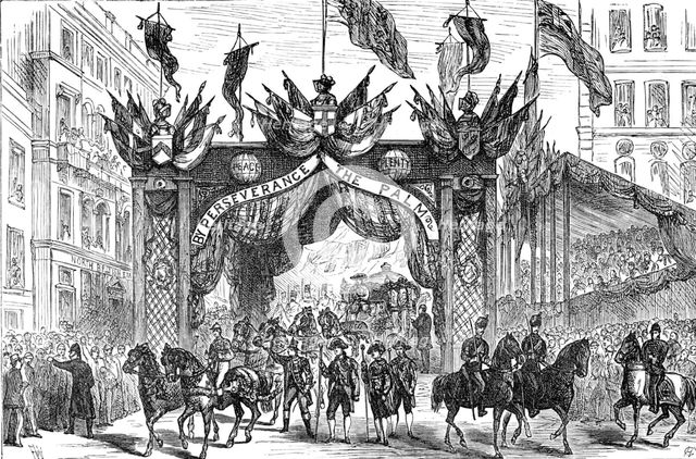 The Lord Mayor's Procession: presenting an address to the Lord Mayor at the Arch..., 1881. Creator: Unknown.
