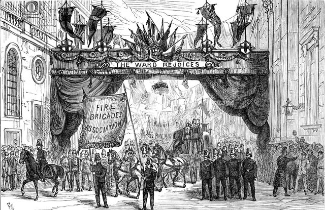 The Lord Mayor's Procession: the Fire Brigade passing the Arch in Lothbury, 1881. Creator: Unknown.