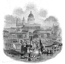 The Lord Mayor taking water at the New Pier, Blackfriars Bridge, 1845. Creator: Ebenezer Landells