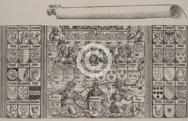 The Lower Portion of the Genealogy of Maximilian; with the Left Edge of the Scroll for the..., 1515. Creator: Hans Springinklee.