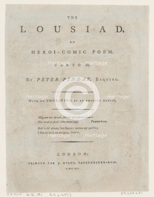 The Lousiad by Peter Pindar, Frontispiece, 1787., 1787. Creator: Thomas Rowlandson.