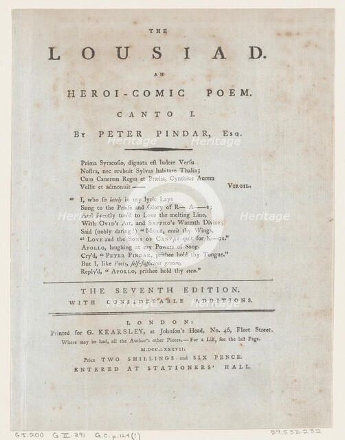 The Lousiad, Title Page, 1787., 1787. Creator: Thomas Rowlandson.