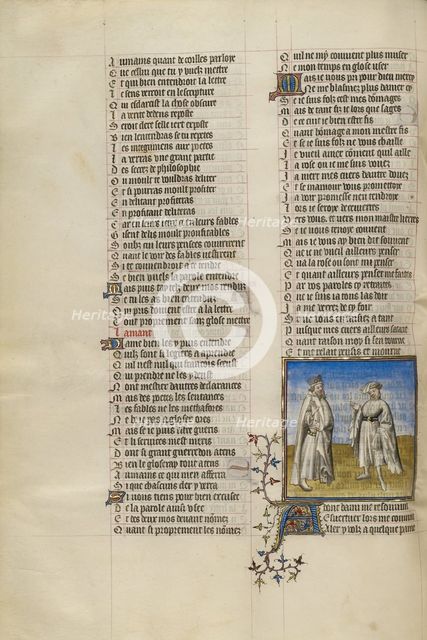 The Lover and the Personification of Friendship in Conversation; Roman de la Rose, about 1405. Creator: Unknown.