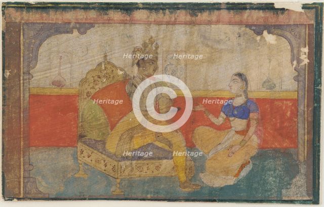 The lover (Krsna) in conversation with the messenger from the beloved, from a Rasikapriya, ca. 1617. Creator: Unknown.