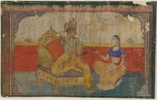 The lover (Krsna) in conversation with the messenger from the beloved, from a Rasikapriya, ca. 1617. Creator: Unknown