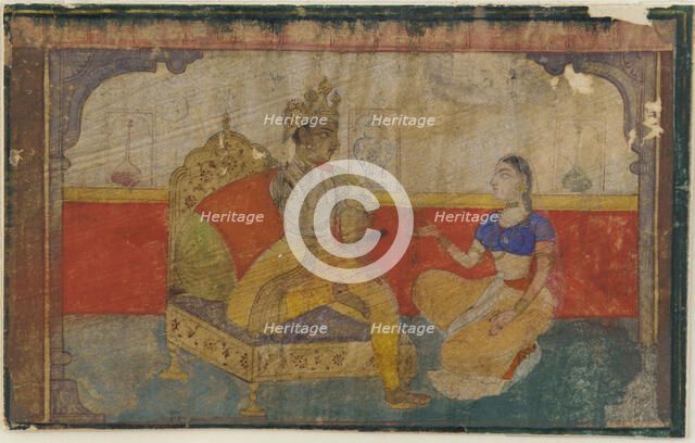 The lover (Krsna) in conversation with the messenger from the beloved, from a Rasikapriya, ca. 1617. Creator: Unknown.