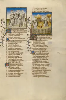 The Lover Surrounded by Dancers; The God of Love Aiming at the Lover; Roman de la Rose, about 1405. Creator: Unknown