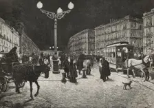 The Puerta del Sol (Gate of the Sun) illuminated by electric light, Madrid, Spain, 1878. Creators: Arturo Carretero y Sánchez, Josep Lluís Pellicer Feñé