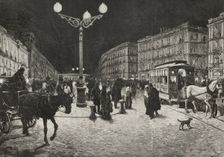 The Puerta del Sol (Gate of the Sun) illuminated by electric light, Madrid, Spain, 1878. Creators: Arturo Carretero y Sánchez, Josep Lluís Pellicer Feñé