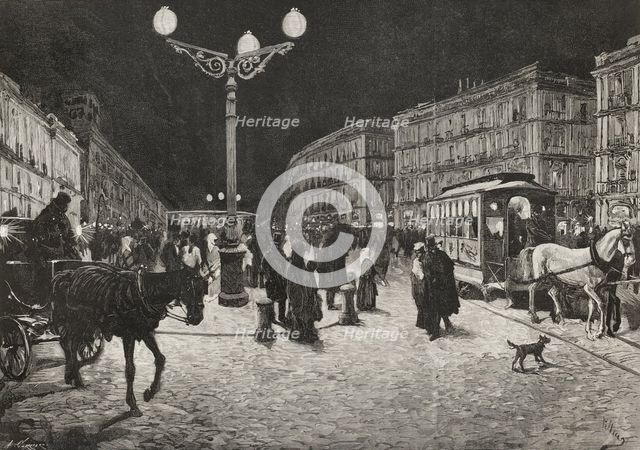 The Puerta del Sol (Gate of the Sun) illuminated by electric light, Madrid, Spain, 1878. Creators: Arturo Carretero y Sánchez, Josep Lluís Pellicer Feñé.