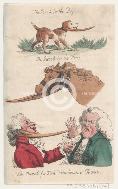 The Puzzle for the Dog; The Puzzle for the Horse; The Puzzle for Turk, Frenchman, or Chris..., 1808. Creator: Thomas Rowlandson.