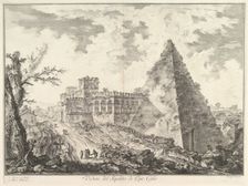 The Pyramid of Caius Cestius, with the Porta S. Paolo and adjoining road (Veduta del S..., ca. 1755. Creator: Giovanni Battista Piranesi