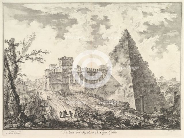 The Pyramid of Caius Cestius, with the Porta S. Paolo and adjoining road (Veduta del S..., ca. 1755. Creator: Giovanni Battista Piranesi.