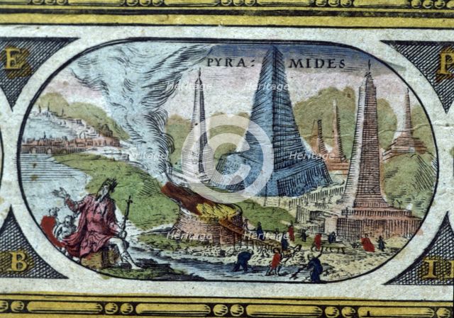 The pyramids, colored engraving from the book 'Le Theatre du monde' or 'Nouvel Atlas', 1645, crea…